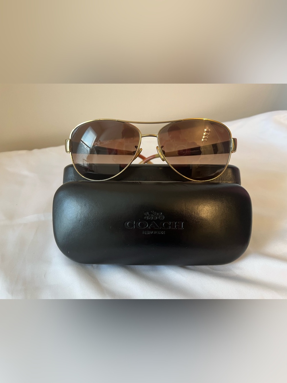 Y2K COACH Gold Aviator (Kristina) Sunglasses with Brown Lenses and Legacy Stripe - Picture 3 of 11